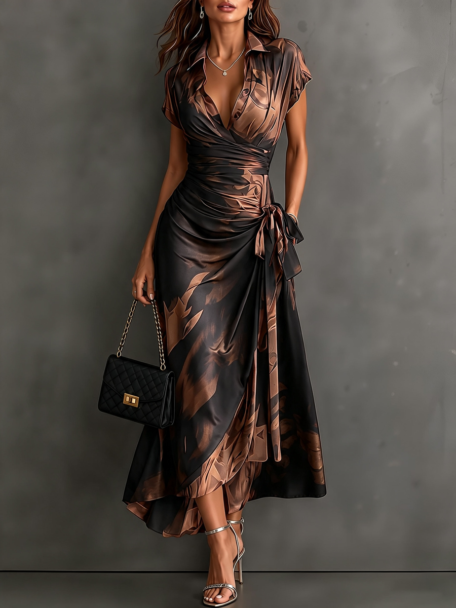 ELISE | Brown Black Abstract Print Wrap Midi Dress