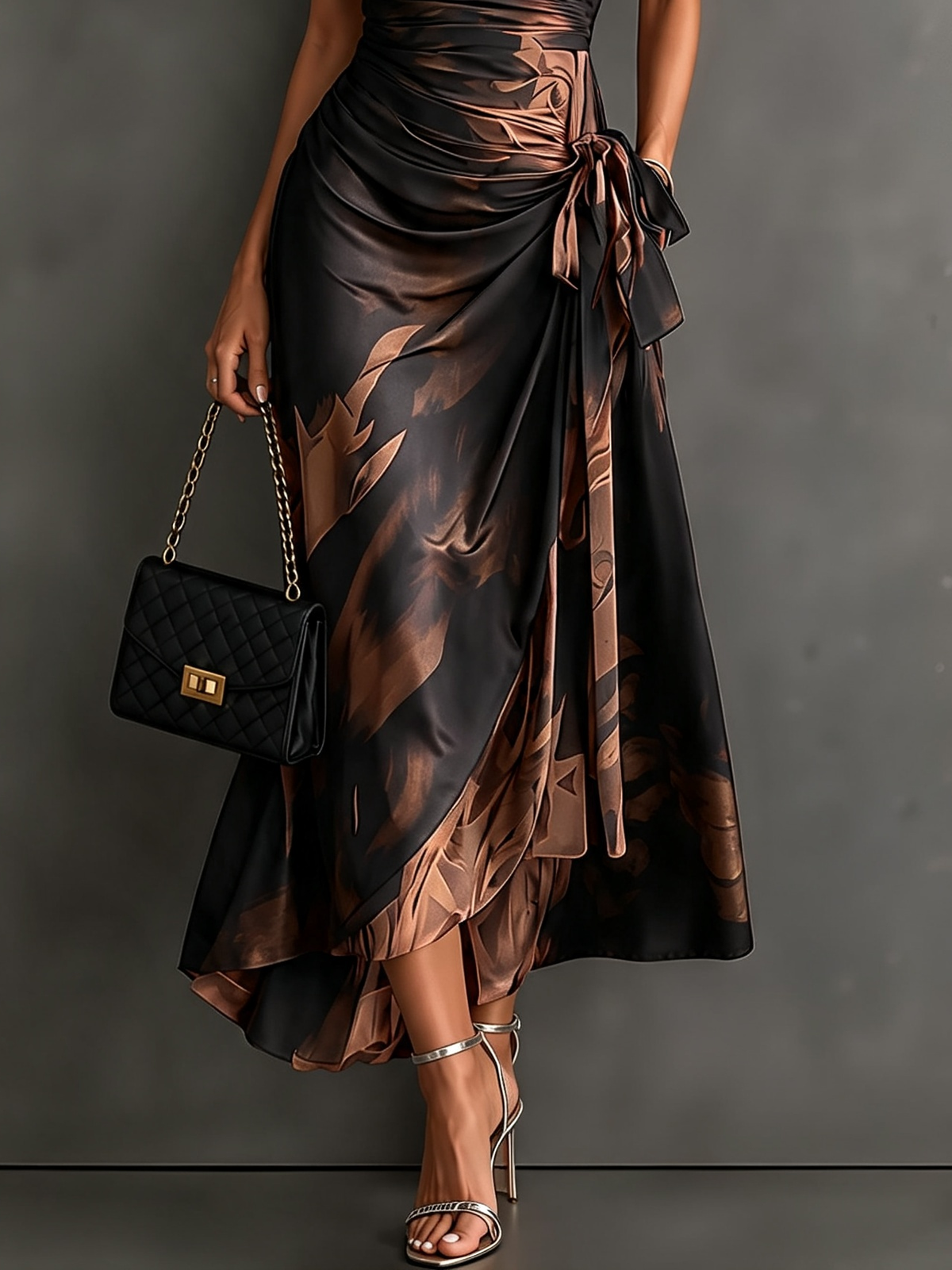 ELISE | Brown Black Abstract Print Wrap Midi Dress